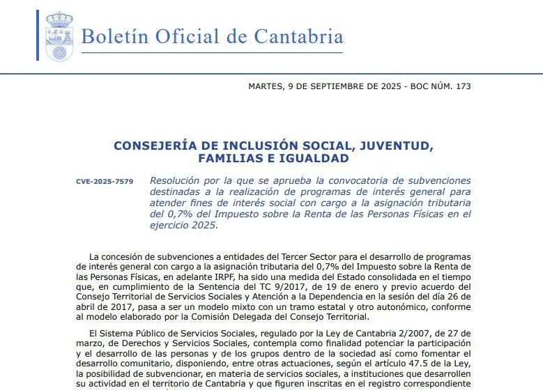 Noticias de Cantabria | El Cántabro | Inclusión Social abre la convocatoria de subvenciones con cargo al 0,7% del IRPF para programas de interés general que atiendan fines de interés social