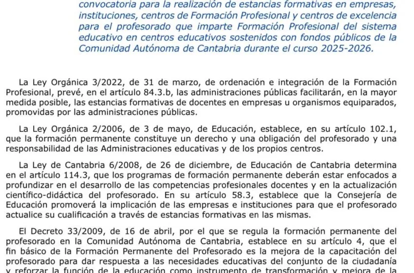 Noticias de Cantabria | El Cántabro | Publicada la convocatoria de estancias formativas del curso 2025-2026 para el profesorado de FP