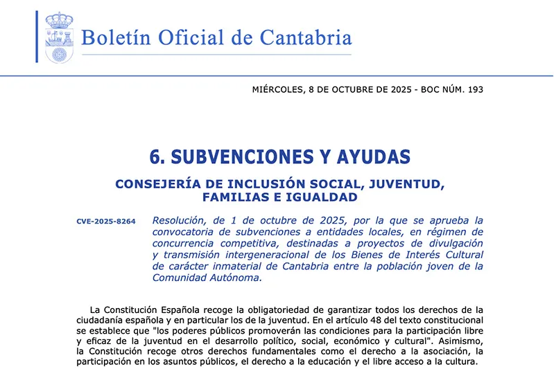 Inclusión Social destina 50.000 para subvencionar proyectos de divulgación de los Bienes de Interés Cultural de carácter inmaterial de Cantabria entre los jóvenes