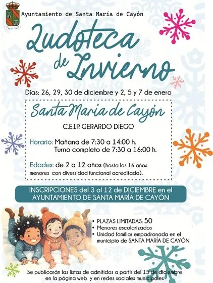  Abierto hasta el 12 de diciembre el plazo de inscripciones de la Ludoteca de Invierno en Cayón 2025