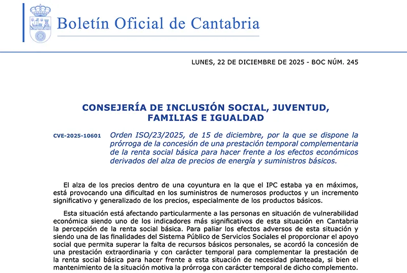  El Gobierno prorroga la prestación temporal complementaria de la renta social básica para hacer frente al alza de los precios de la energía y suministros básicos