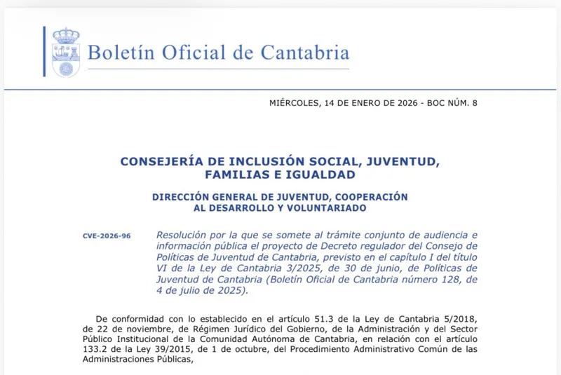  El Gobierno de Cantabria somete a información pública el proyecto de Decreto del Consejo de Políticas de Juventud