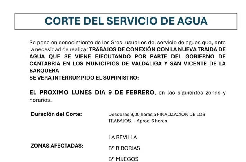  Corte de agua en San Vicente de la Barquera y Valdáliga el lunes 9 de febrero