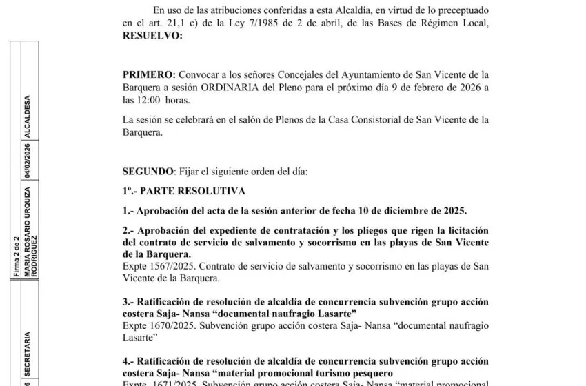  Convocatoria de Pleno Municipal para el lunes 9 de febrero a las 12.00 horas