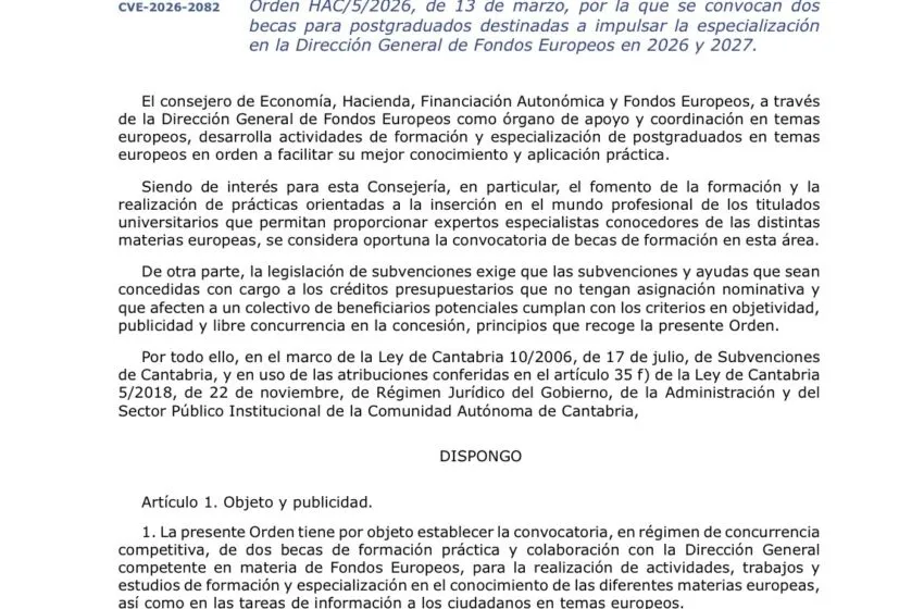 Economía convoca dos becas de postgraduados para impulsar la especialización en la Dirección General de Fondos Europeos