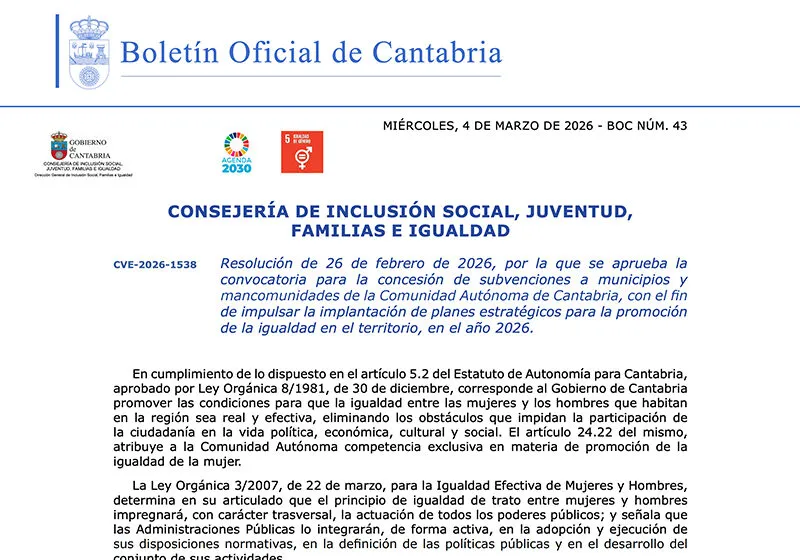  El Gobierno destina 60.000 euros al impulso de planes estratégicos para la promoción de la igualdad en municipios y mancomunidades de Cantabria