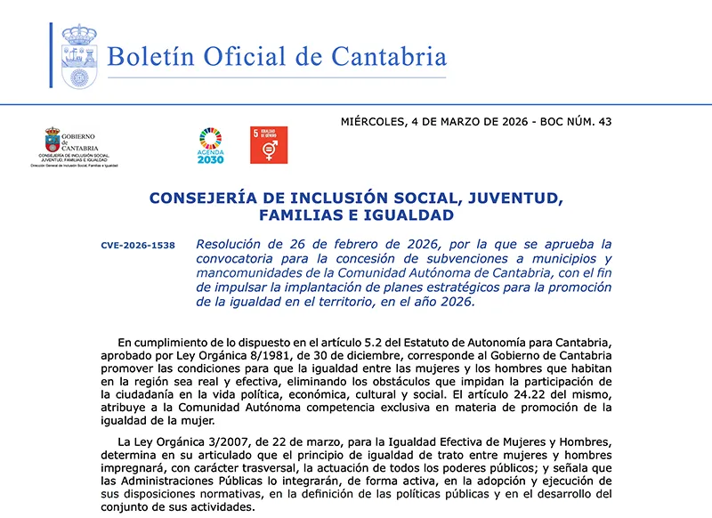 El Gobierno destina 60.000 euros al impulso de planes estratégicos para la promoción de la igualdad en municipios y mancomunidades de Cantabria