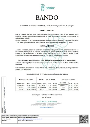  Piélagos comienza a repartir las invitaciones para asistir a la fiesta del “Día de los abuelos” que celebrará el viernes, 8 de mayo, en Arce