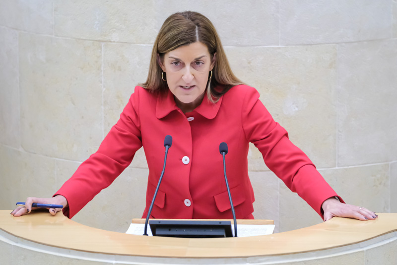 La presidenta de Cantabria, María José Sáenz de Buruaga, durante su intervención en el Pleno del Parlamento. (Foto: Raúl Lucio)