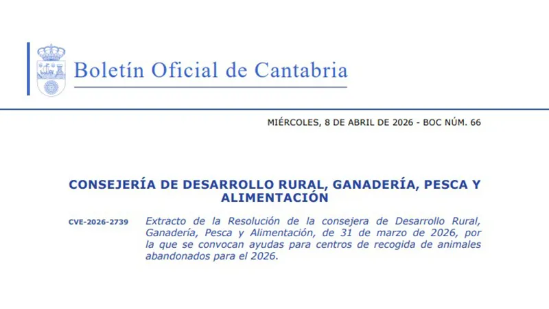 La Consejería de Desarrollo Rural convoca ayudas para centros de recogida de animales abandonados en 2026