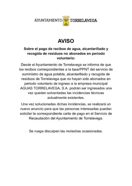 Noticias de Cantabria | El Cántabro | AVISO sobre el pago de recibos de agua, alcantarillado y recogida de residuos no abonados en periodo voluntario