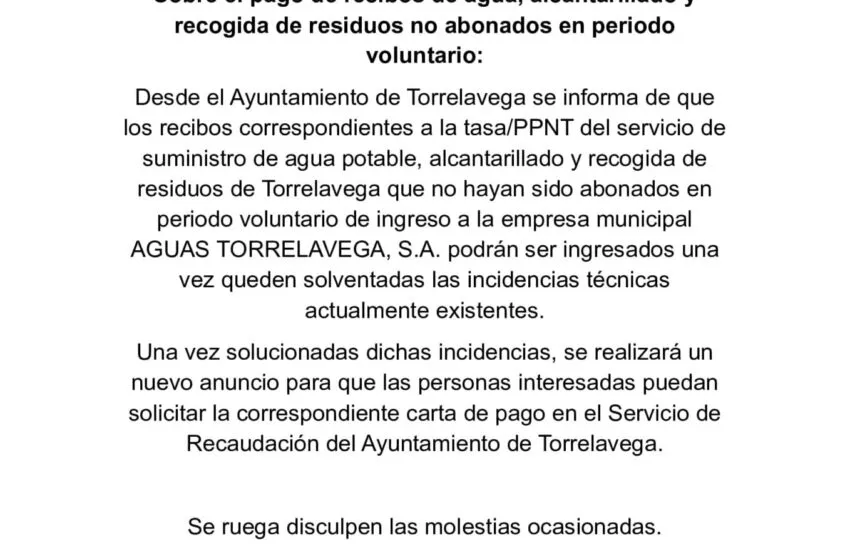  AVISO sobre el pago de recibos de agua, alcantarillado y recogida de residuos no abonados en periodo voluntario