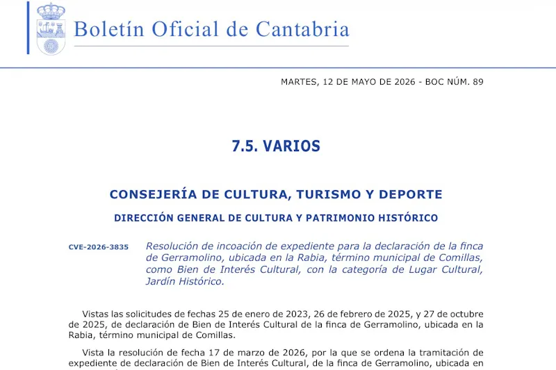 Cultura inicia el expediente para declarar la finca de Gerramolino, ubicada en la Rabia, Comillas, como Bien de Interés Cultural, con la categoría de Lugar Cultural, Jardín Histórico