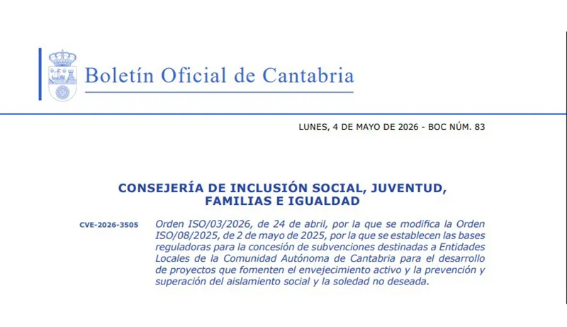 El BOC publica las bases reguladoras para la concesión de subvenciones destinadas a Entidades Locales de la Comunidad Autónoma de Cantabria.
