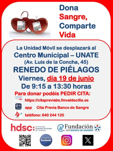  La Unidad Móvil de la Asociación-Hermandad de Donantes de Sangre de Cantabria visitará el próximo viernes la localidad de Renedo