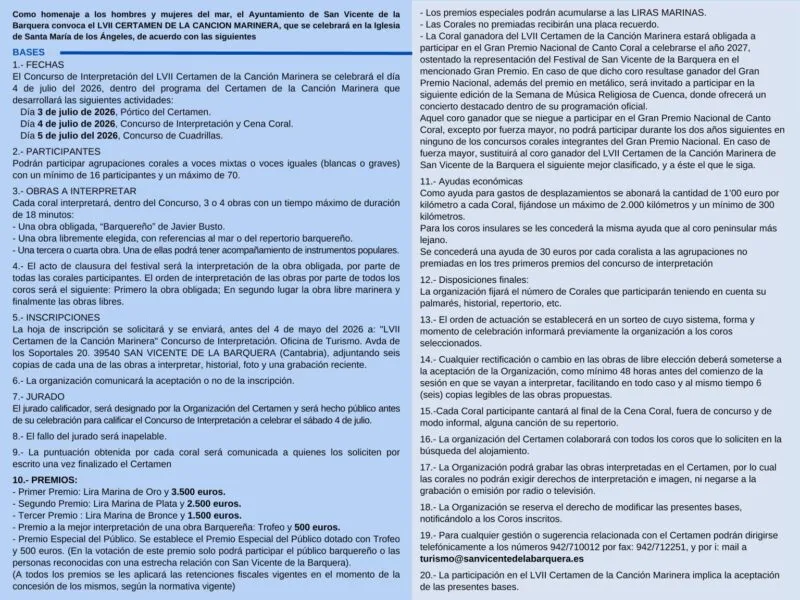 Noticias de Cantabria | El Cántabro | San Vicente de la Barquera calienta motores para el LVII Certamen de la Canción Marinera en la Iglesia de Santa María de los Ángeles