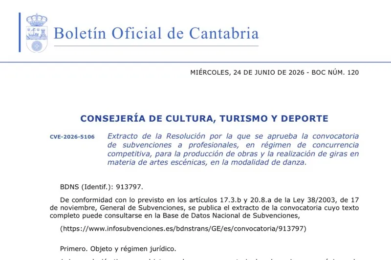 Cultura publica las ayudas a profesionales para la producción de obras y la realización de giras en materia de artes escénicas en la modalidad de danza