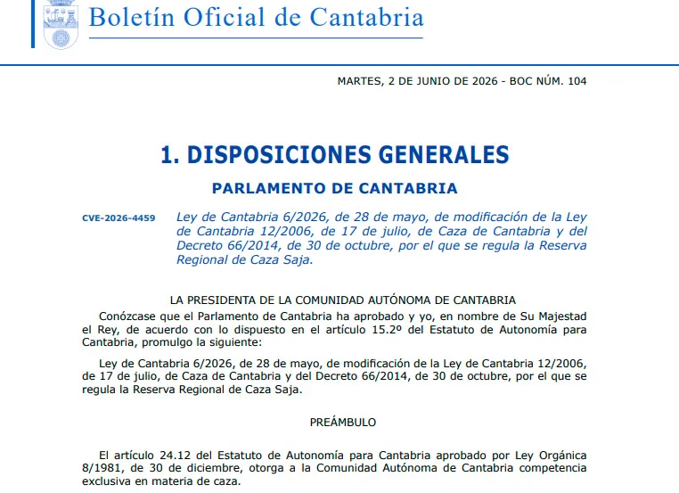 El Gobierno de Cantabria ha publicado en el BOC la Ley de Cantabria 6/2026, de 28 de mayo, de modificación de la Ley de Caza 12/2006 y del Decreto 66/2014 que regula la Reserva Regional de Caza Saja. (Foto: Gobierno de Cantabria)