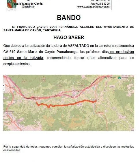 Noticias de Cantabria | El Cántabro | AVISO: Obra de ASFALTADO en la carretera autonómica CA-610 Santa Maria de Cayón-Pomaluengo. Disculpen las molestias