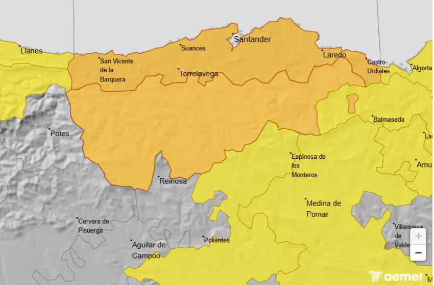 Mapa de Cantabria de AEMET con los avisos previstos para mañana sábado.