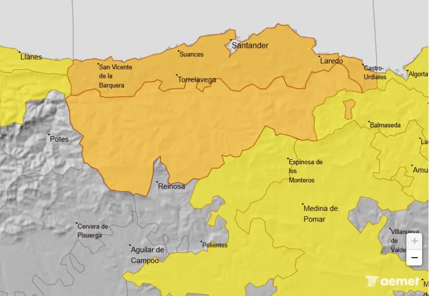 Mapa de Cantabria de AEMET con los avisos previstos para mañana sábado.