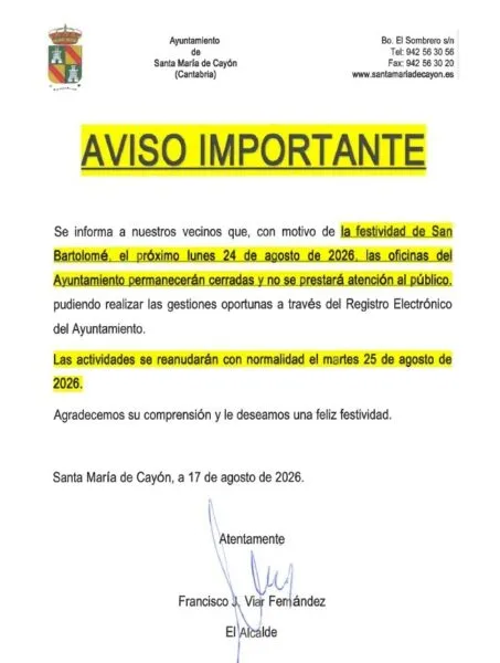 Noticias de Cantabria | El Cántabro | El próximo lunes 24 de agosto,  Festividad de San Bartolomé, todas las dependencias municipales permaneceran cerradas por festividad local