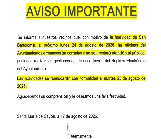  El próximo lunes 24 de agosto,  Festividad de San Bartolomé, todas las dependencias municipales permaneceran cerradas por festividad local