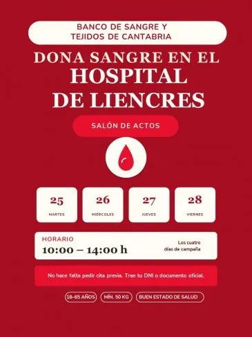  El Hospital de Liencres acogerá cuatro jornadas consecutivas de donaciones de sangre del 25 al 28 de agosto