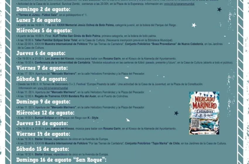 Noticias de Cantabria | El Cántabro | COLINDRES PRESENTA SU PROGRAMACIÓN DE AGOSTO CON UNA AMPLIA OFERTA DE ACTIVIDADES CULTURALES, DEPORTIVAS Y DE OCIO