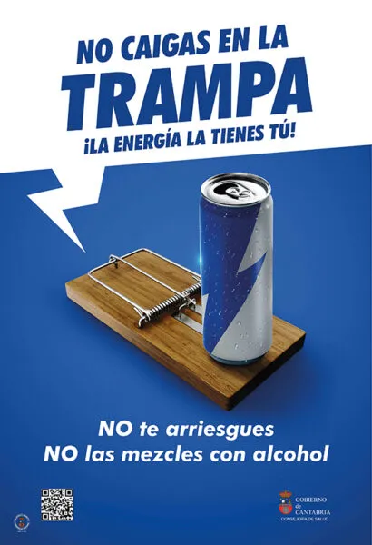 Imagen de uno de los carteles que a partir de mañana circulará por centros asistenciales y municipales para advertir de los riesgos del consumo de bebidas energéticas (Foto: Gobierno de Cantabria).