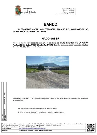  Bando sobre el reacondicionamiento y asfaltado del paso inferior de la nueva variante en el Barrio de La Paúl