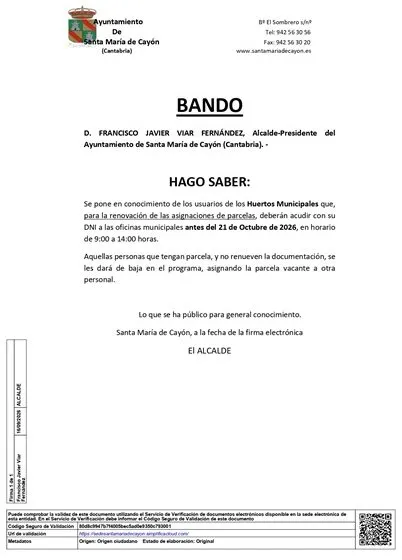Noticias de Cantabria | El Cántabro | Bando sobre la renovación de las asignaciones de parcelas de los usuarios de los Huertos Municipales