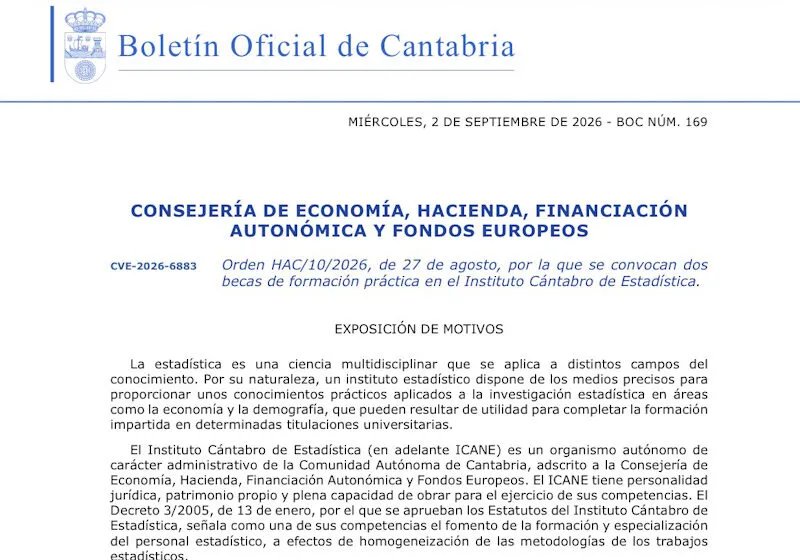 Noticias de Cantabria | El Cántabro | Economía convoca dos becas de formación práctica en el ICANE para graduados universitarios