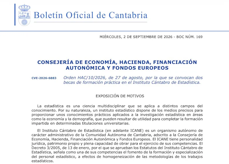 Noticias de Cantabria | El Cántabro | Economía convoca dos becas de formación práctica en el ICANE para graduados universitarios
