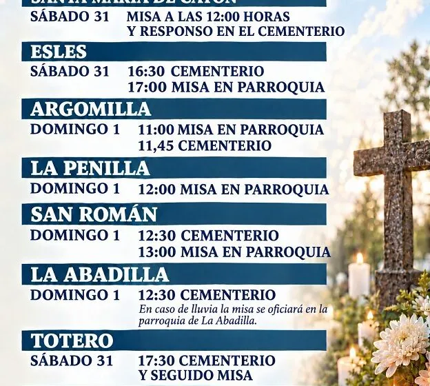 Noticias de Cantabria | El Cántabro | Horarios de las celebraciones litúrgicas con motivo del Día de Todos los Santos y los Fieles Difuntos en las localidades del municipio
