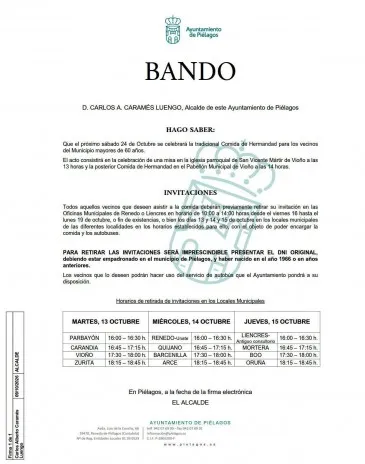  El Ayuntamiento repartirá desde hoy y hasta el jueves las invitaciones para la jornada de hermandad de vecinos mayores de 60 años en las distintas localidades del municipio