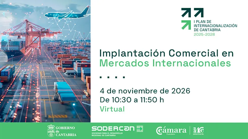 Cartel de la jornada virtual del 4 de noviembre organizada por SODERCAN y la Cámara de Comercio de Cantabria.